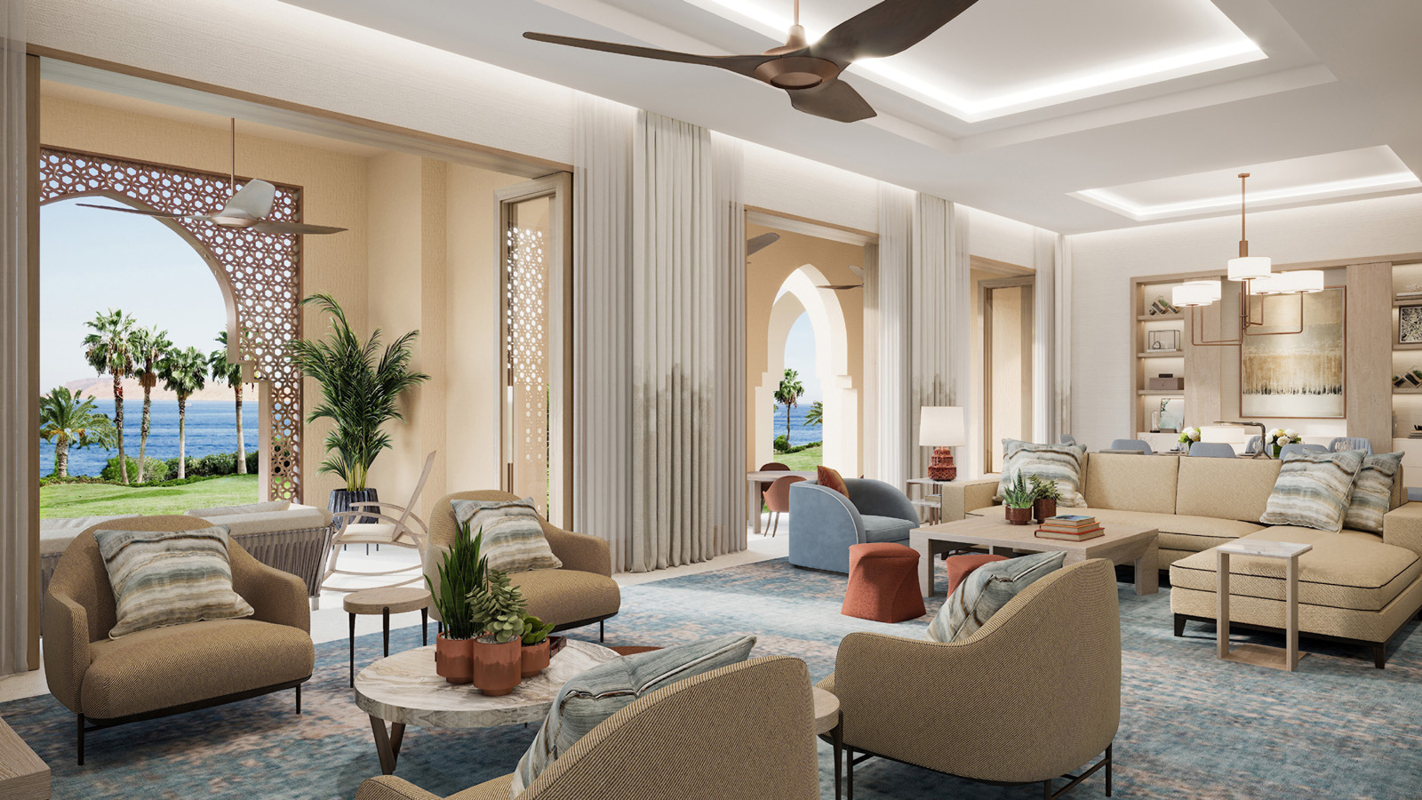 Suite at the future Four Seasons Hotel Luxor offering a comfortable Egyptian style, with dining, large living space and view of the Nile river. Set to open in 2025