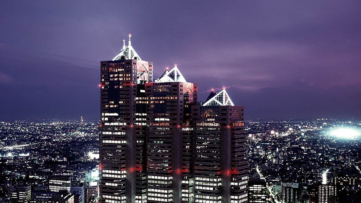 Three black composed biuldings with light roof in the heart of Tokyo, Park Hyatt, Tokyo.