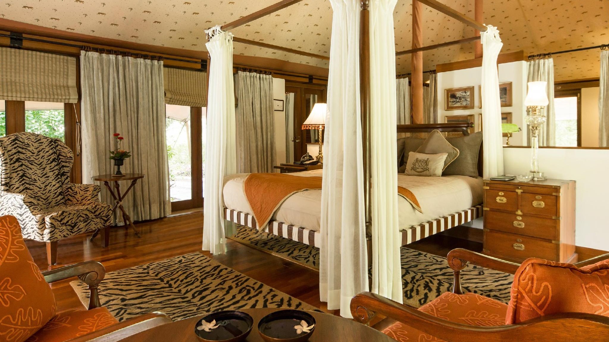 Suite with leopard varpets and chairs with a view to the nature