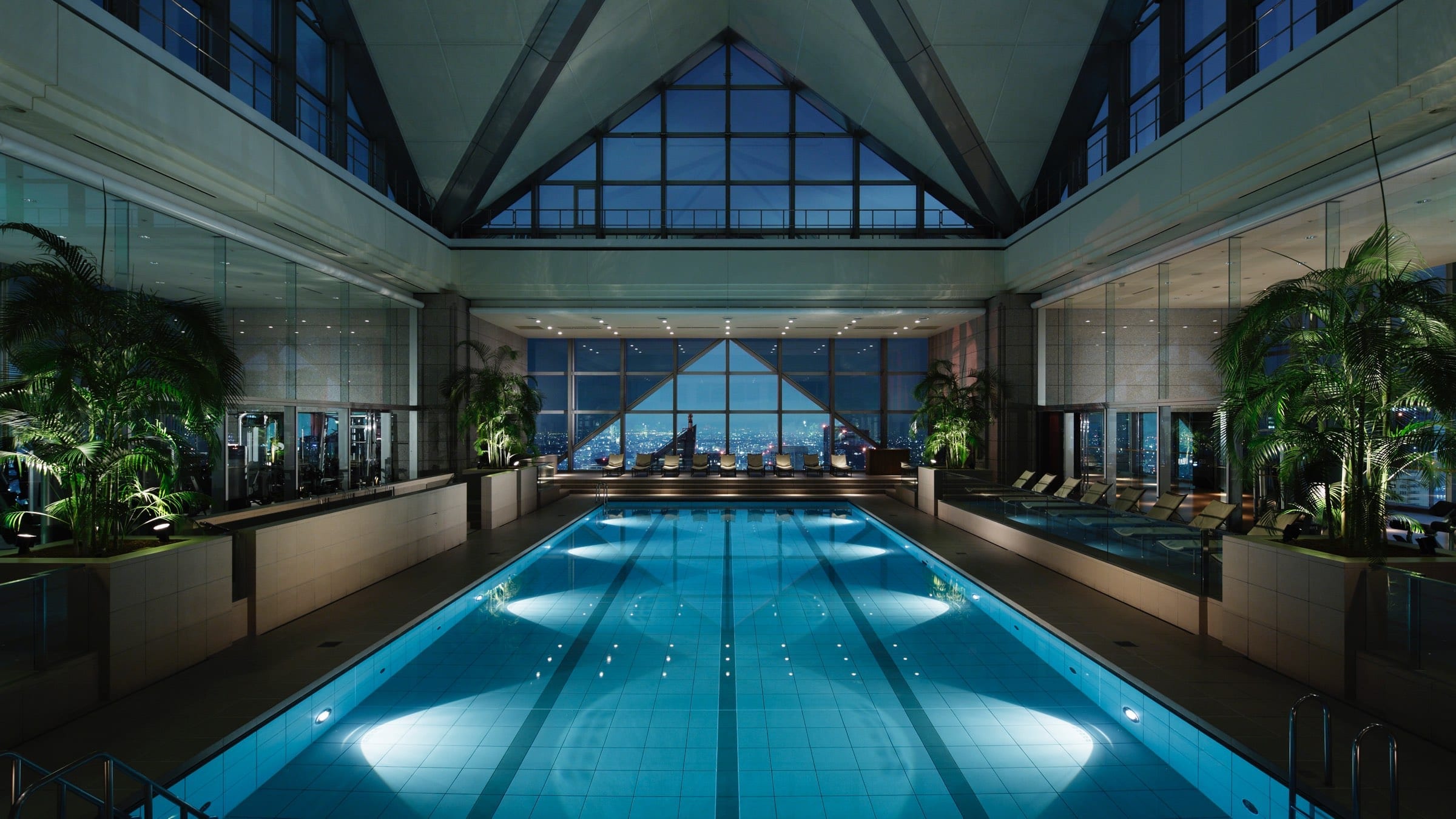 Bathing area, with large space from floor to ceiling, plants, sunbeds and window view to Tokyo at Park Hyatt.