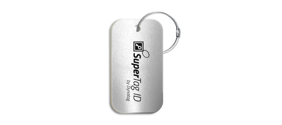 Grey square formed entity with text saying SuperTag ID by Dynotag with a key ring at the top