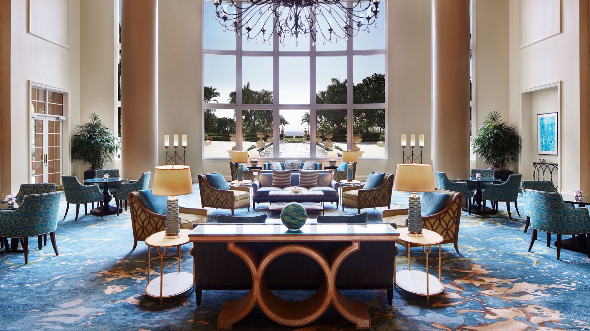 Open and warm feel in the luxery lounge at Ritz-Carlton - Key Biscayne with large windows and view of South Beach