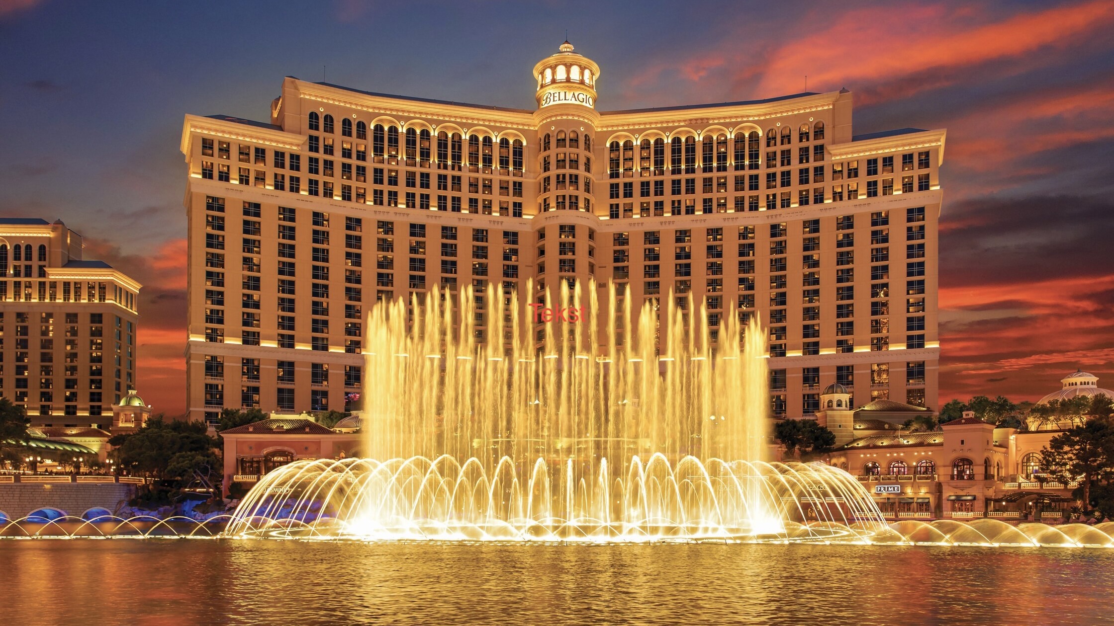 View of the Bellagio Hotel and Casino in Las Vegas with a massive fountain