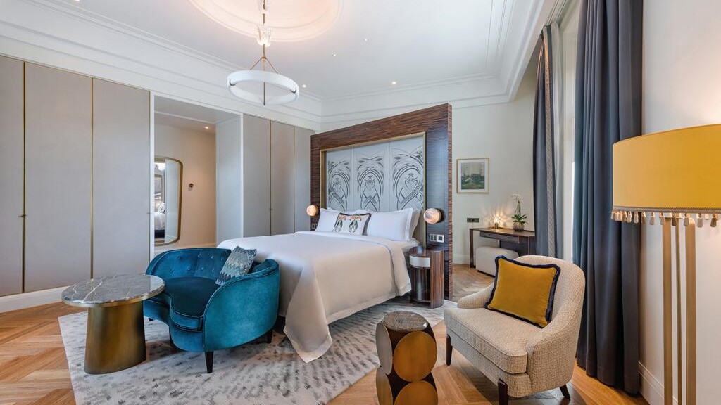 Bedroom hotel room at Matild Palace, a Luxury Collection Hotel, Budapest.