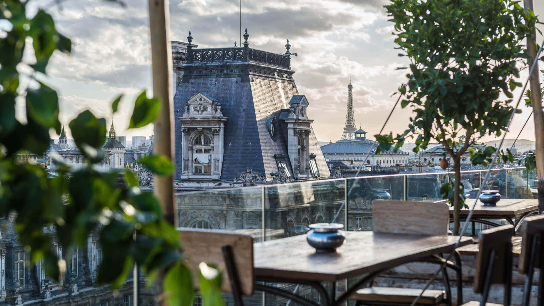 Wooden furniture, plants, glass, and view of Paris.