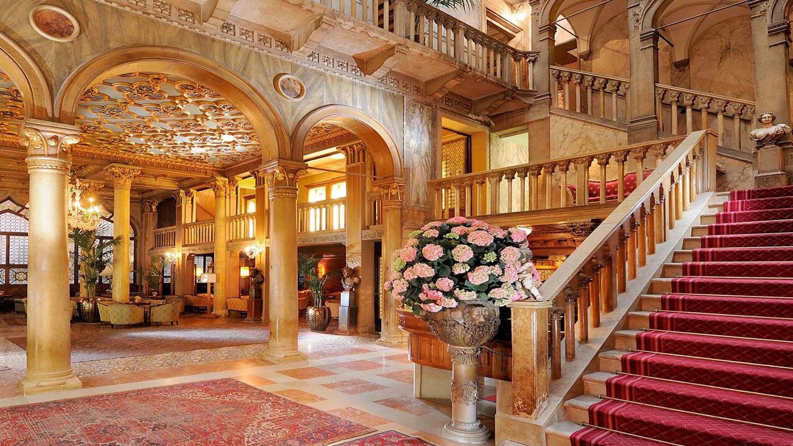 Lounge and staircase to the second floor at the Hotel Danieli