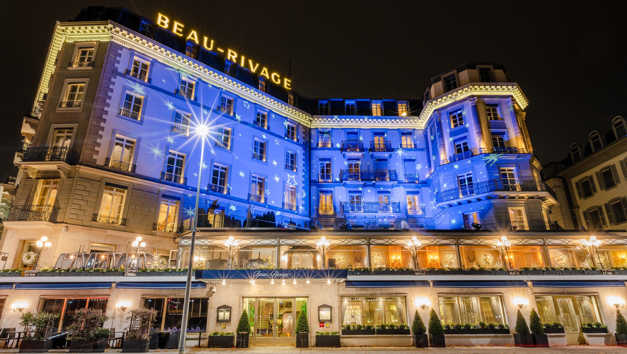 Outside The&nbsp;Beau-Rivage Geneva at night time