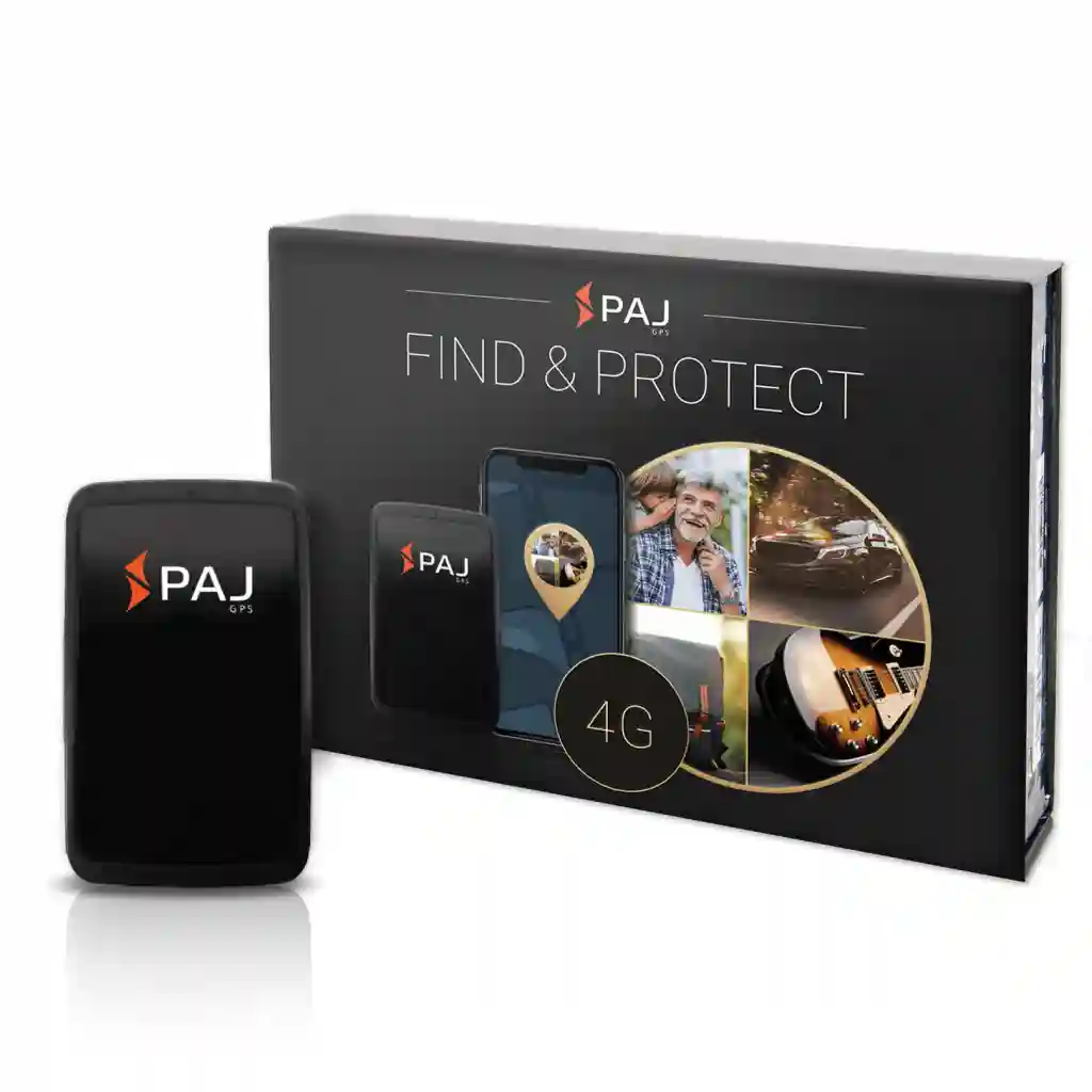 Black package box with the black device and text saying FINF Å PROTECT